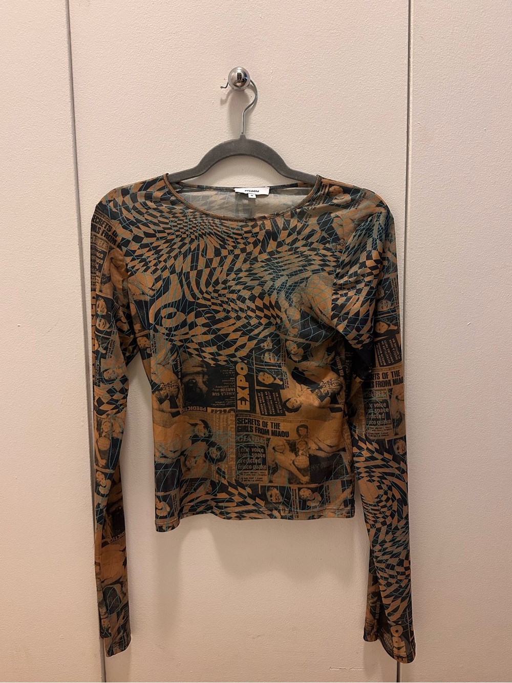 Miaou Print Long Sleeve Sheer Top Wanted - Medium